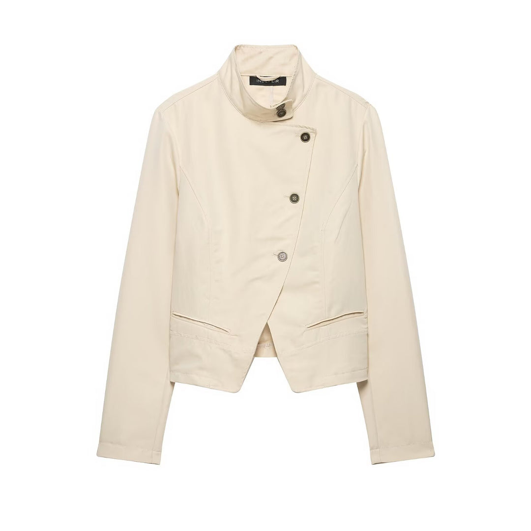 Women's asymmetrical cropped transitional jacket with stand-up collar and tailored fit Amarae