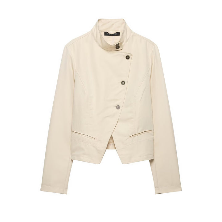 Women's asymmetrical cropped transitional jacket with stand-up collar and tailored fit Amarae