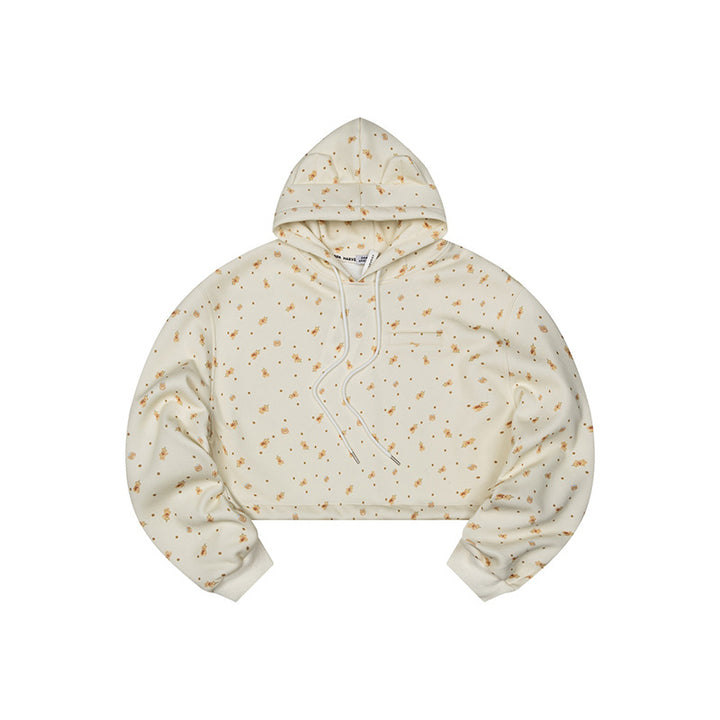 Women's Cropped Hoodie Sweatshirt with Allover Floral Print, Chest Pocket and Ruffled Hem Amarae