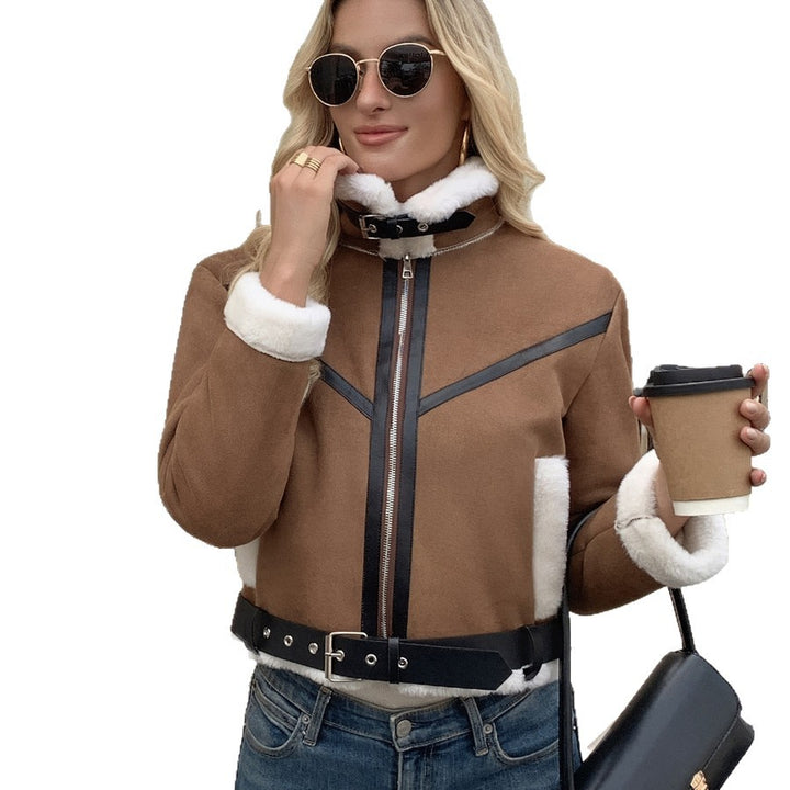 Stylish women's jacket with faux fur trims and decorative buckles Lune London