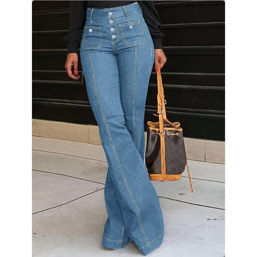 Ladies High-Waisted Flared Jeans with visible center seam, button closure, and patch front pockets Amarae