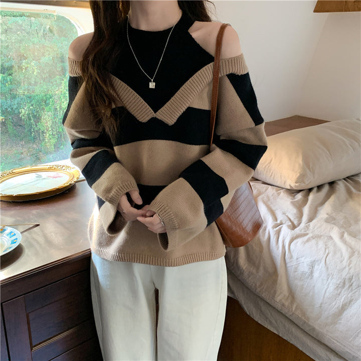 Pull décontracté pour femmes avec motif rayé moderne et découpes aux épaules Chic & Stil