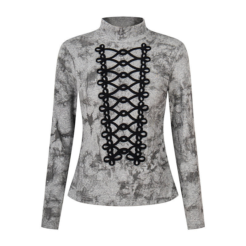 Women's long sleeve shirt with stand-up collar and decorative cord appliqué Amarae