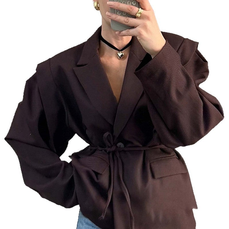 Ladies Tailored Wrap Blazer with Shoulder Pads and Tying Belt Amarae