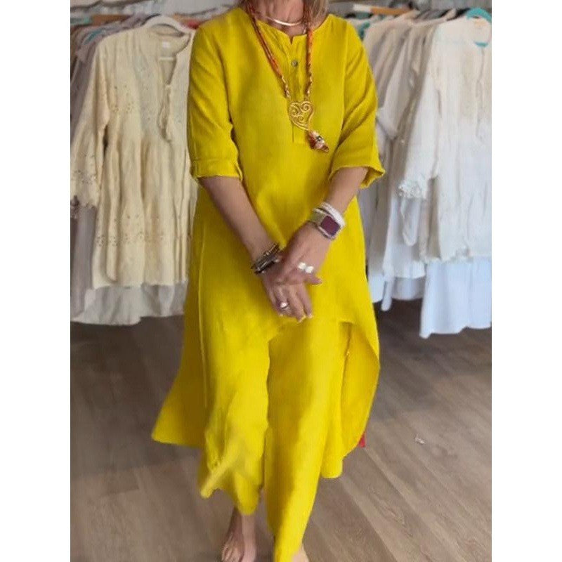 Women's Midi-Length Linen Tunic Set with Asymmetric Hem and Wide Palazzo Pants Amarae