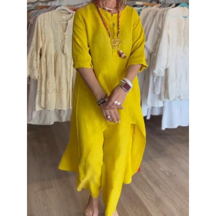 Women's Midi-Length Linen Tunic Set with Asymmetric Hem and Wide Palazzo Pants Amarae