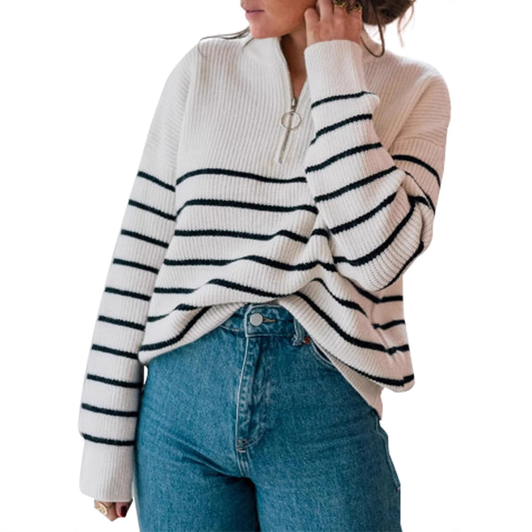 Striped women's sweater with half-zipper Lune London