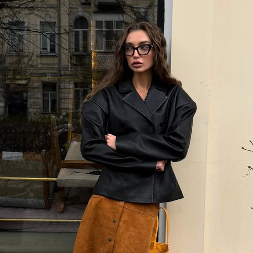 Women Fashionable Blazer-Bomber made of vegan leather imitation with double-breasted front Amarae