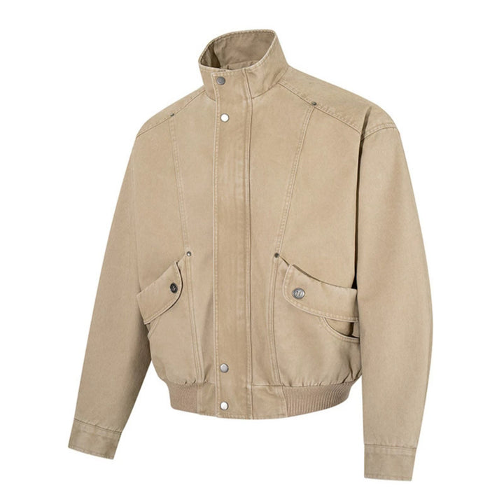 Men's short-cut utility bomber jacket made of cotton canvas with stand-up collar, concealed snap button placket, and ribbed hem Amarae