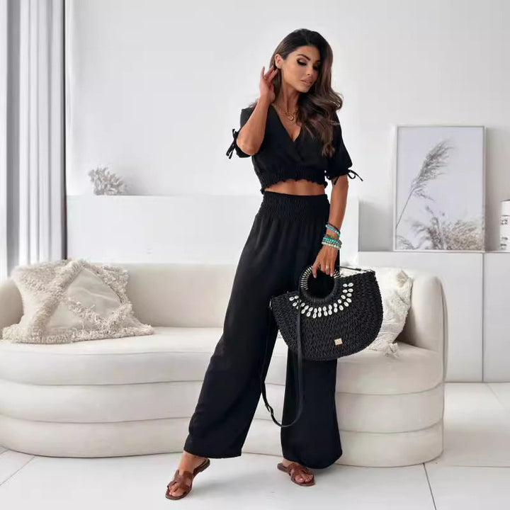 Women's cropped wrap top with ruffled details Lune London