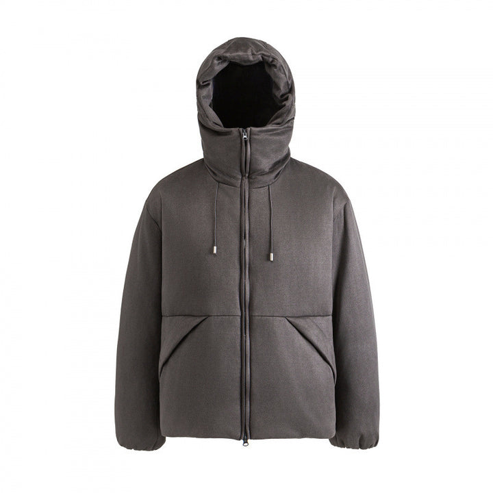 Unisex Padded Hooded Jacket in Boxy Cut with High Shawl Collar and Kangaroo Pockets Amarae