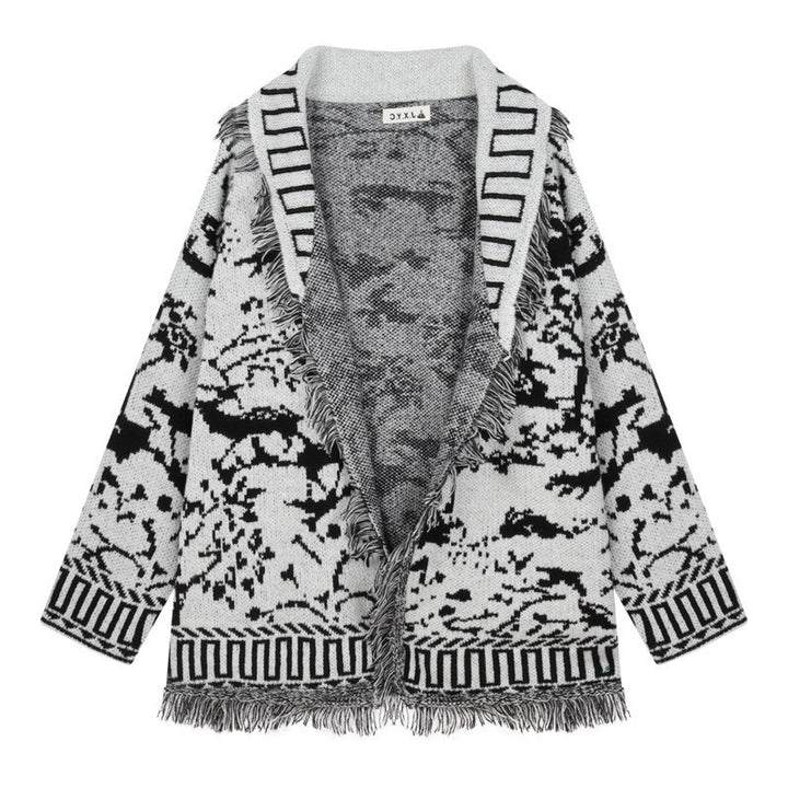 Ladies fringed cardigan with graphic pattern and open front parts Lune London