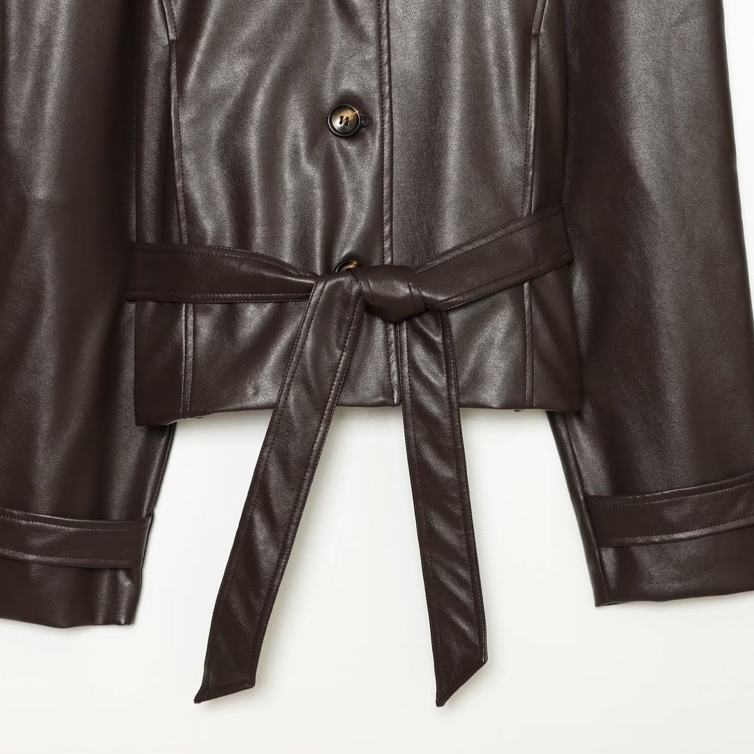 Women's Tailored Cropped Vegan Leather Jacket with Stand Collar and Tie Belt Amarae
