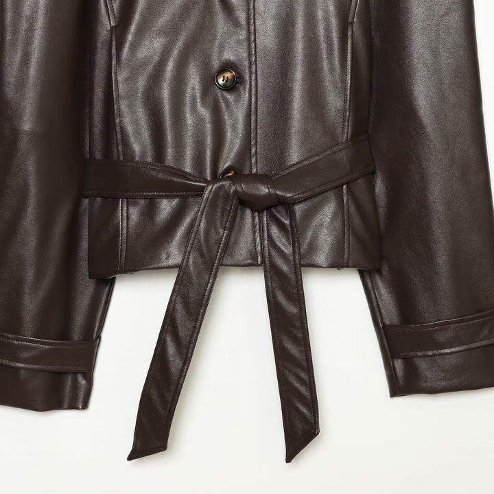 Women's Tailored Cropped Vegan Leather Jacket with Stand Collar and Tie Belt Amarae