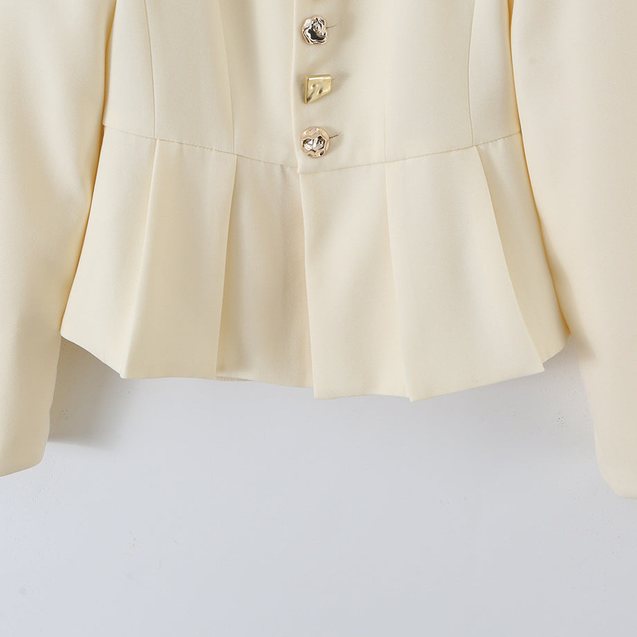 Women's Tailored Peplum Blazer with Stand Collar and Decorative Button Placket Amarae