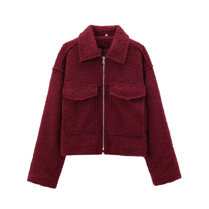 Women's Short Cut Sherpa Jacket with Zip and Flap Pockets Amarae