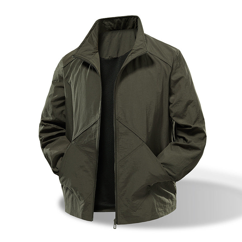 Men's Lightweight Windbreaker Outdoor Jacket with Stand Collar, Two-way Zipper and Concealed Pockets Amarae