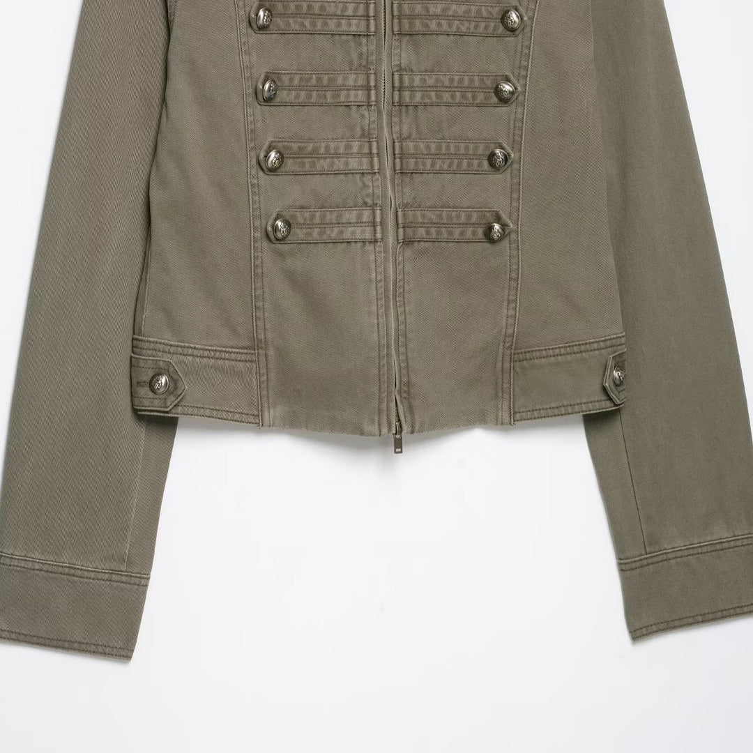 Ladies military-inspired short jacket with stand-up collar, decorative flaps and zipper Amarae