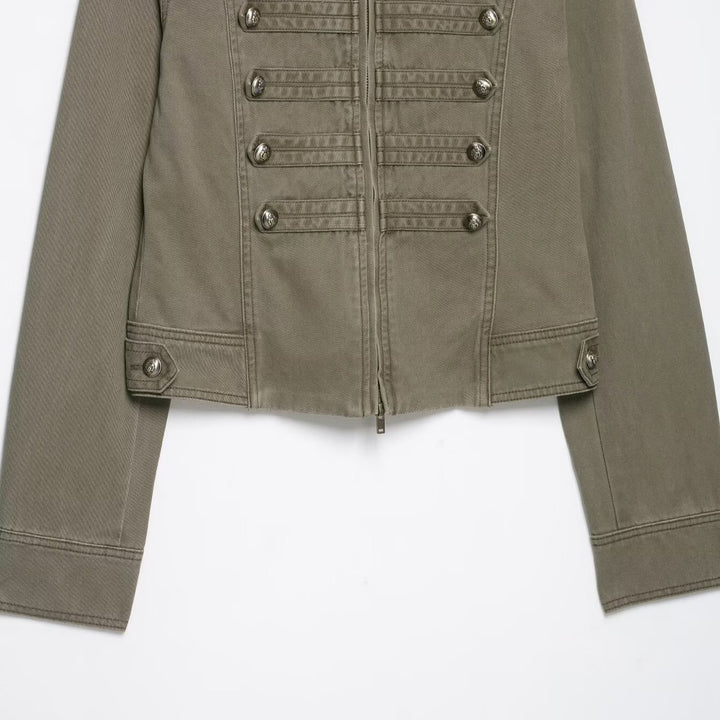 Ladies military-inspired short jacket with stand-up collar, decorative flaps and zipper Amarae