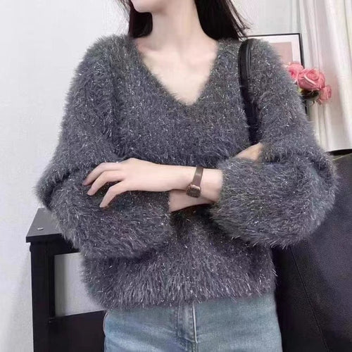 Pull féminin en V peluche avec manches longues et fils scintillants Chic & Stil