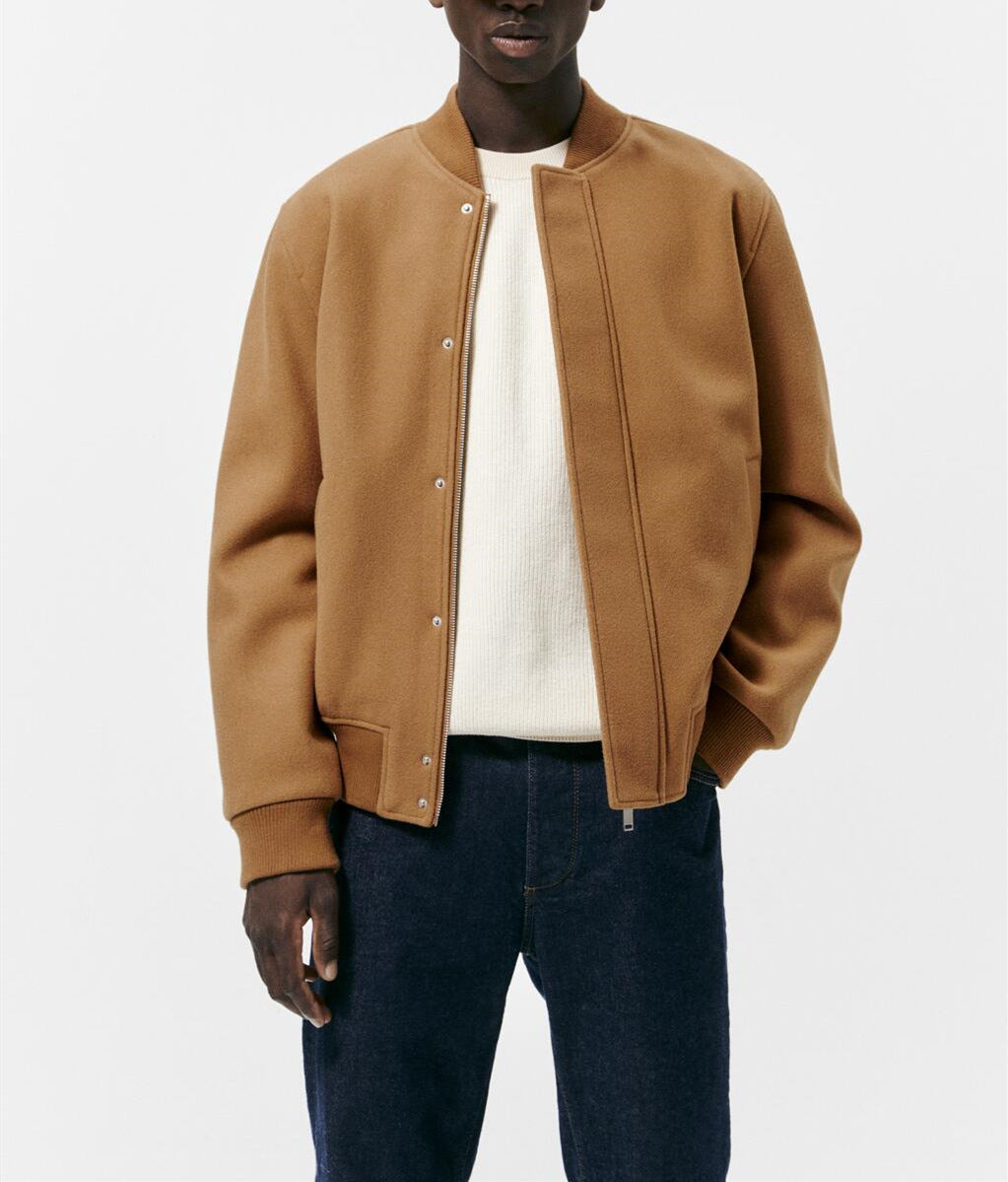 Men's bomber jacket made of wool blend in boxy cut with concealed snap button placket and ribbed cuffs Amarae