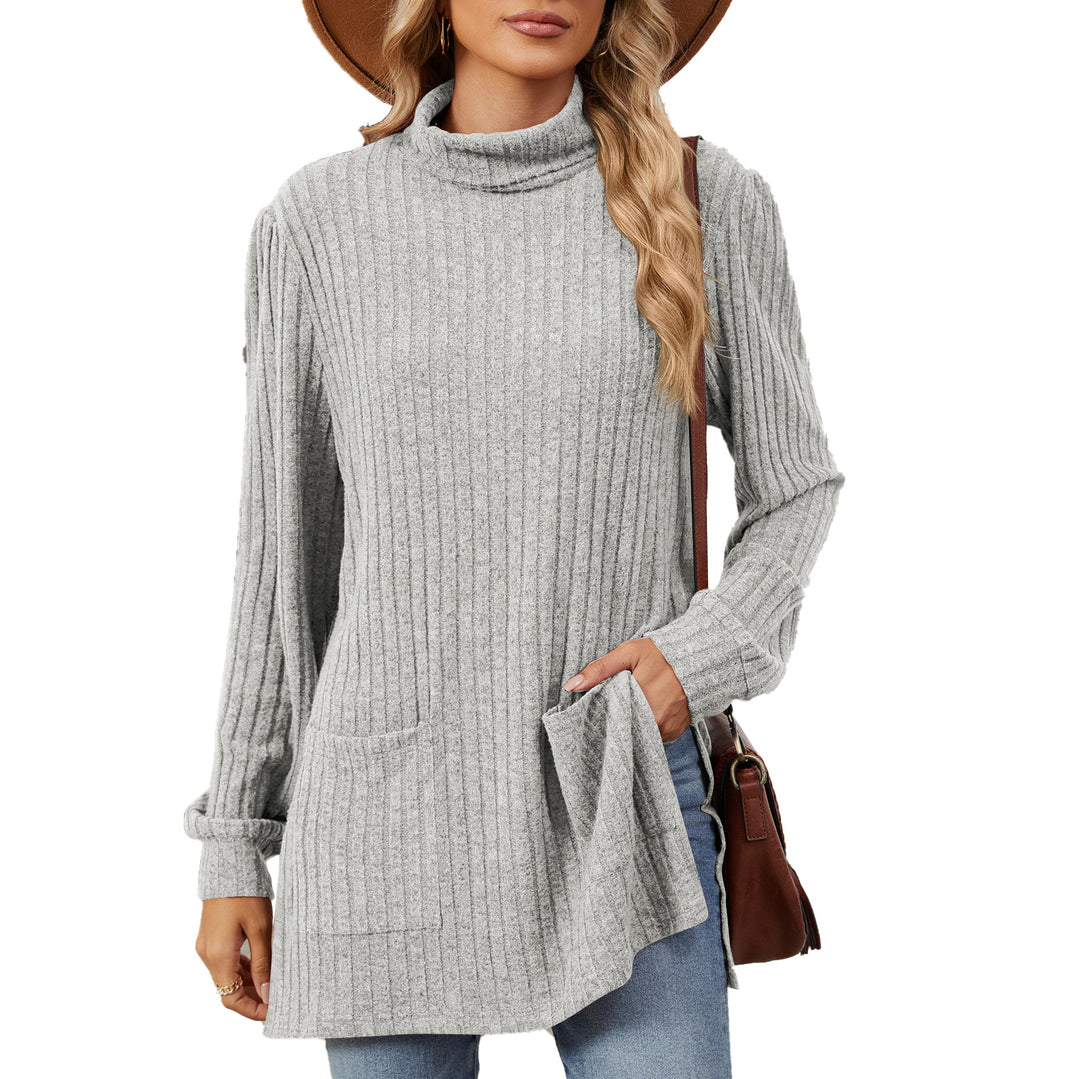 Ladies elegant top in structured knit with high collar and side pockets Lune London
