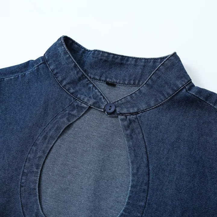Women's Tailored Jeans Top with Keyhole Cutout and Full Button Placket Amarae