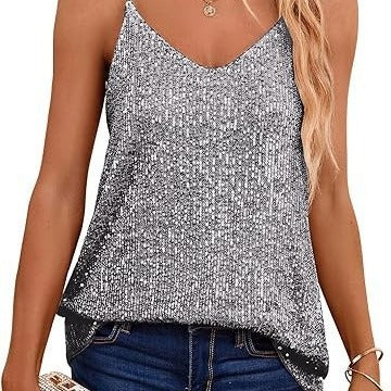 Women's Sparkling Spaghetti Strap Top with V-Neck and Shimmering Details Lune London