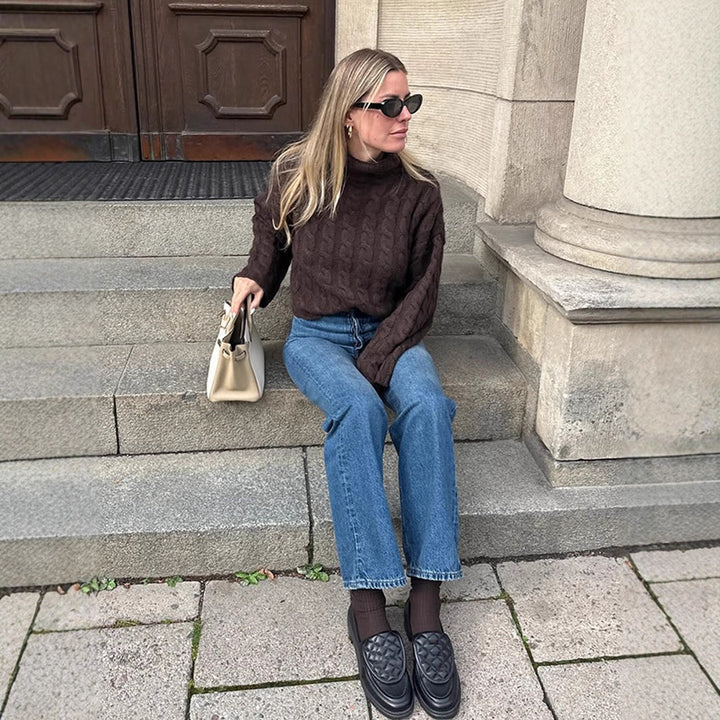 Women's Short-Cut Cable Knit Sweater with Turtleneck & Balloon Sleeves Amarae