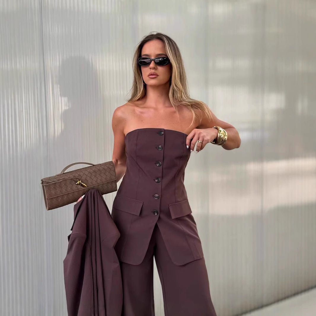 Women's Two-Piece Tailoring Set with Strapless Corset Top and Wide Palazzo Pants Amarae