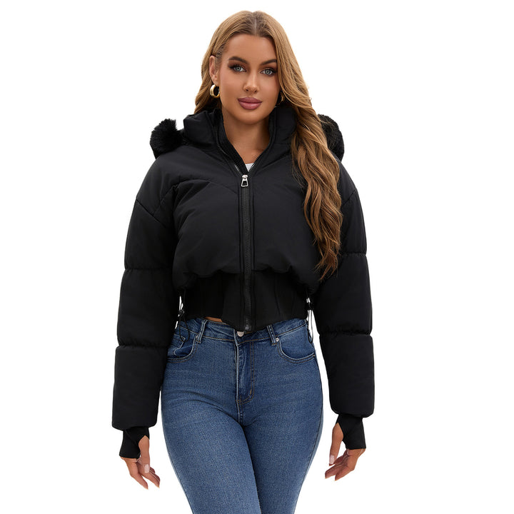 Cropped down jacket for women with removable hood and faux fur trim Lune London