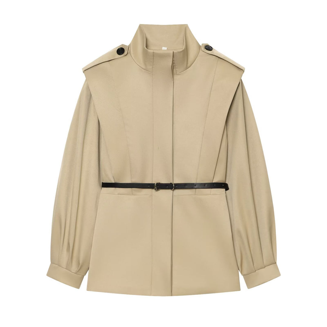 Women Short Cape Trench with High Funnel Collar and Waist Belt Amarae