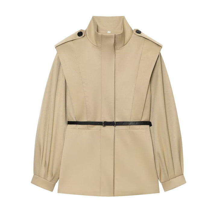 Women Short Cape Trench with High Funnel Collar and Waist Belt Amarae