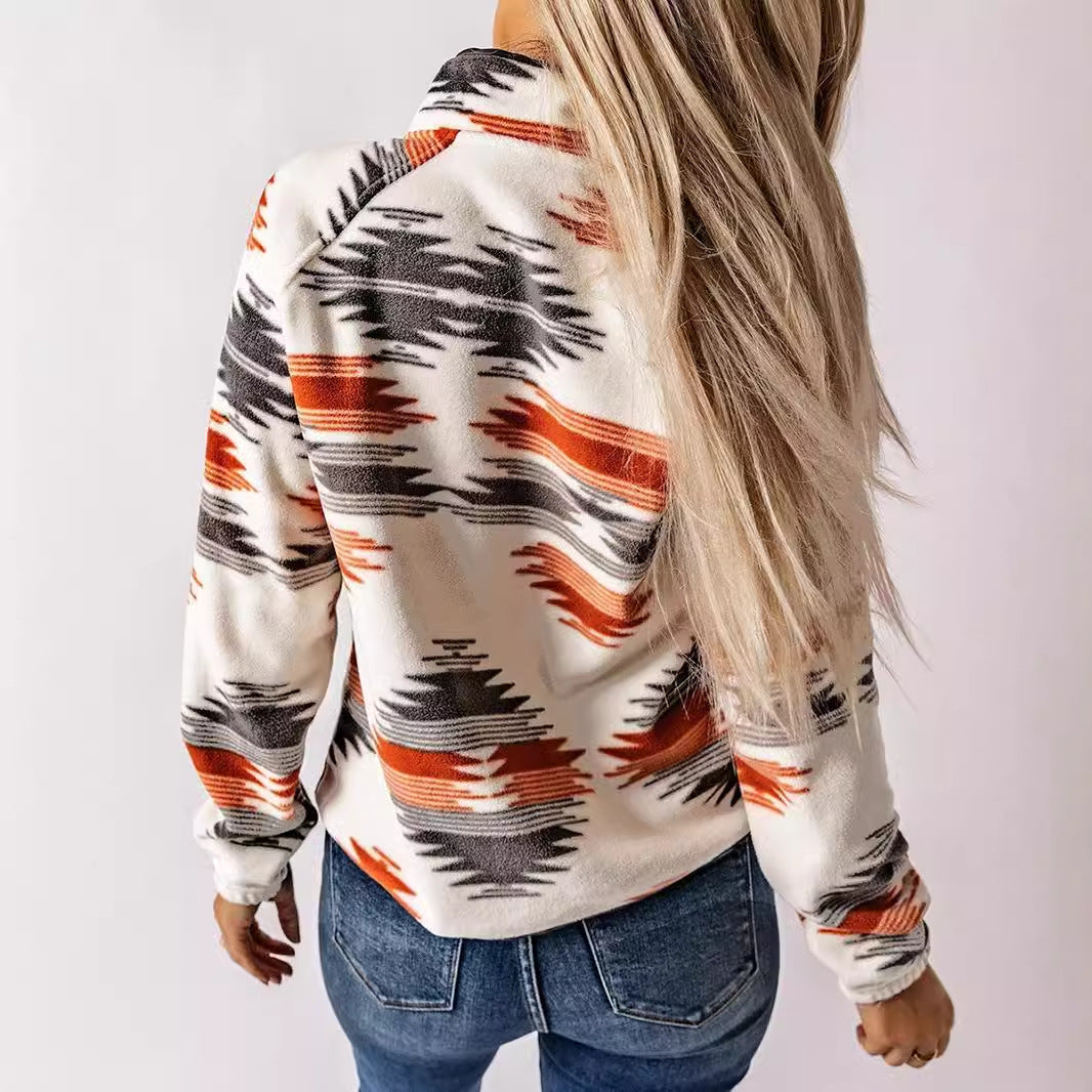 Women's patterned fleece clothing with practical pockets and chic button detail