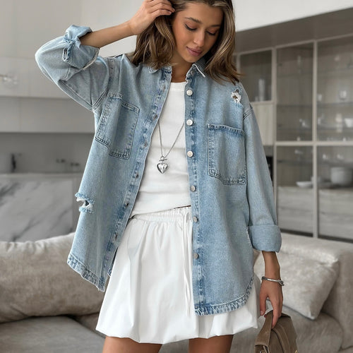 Women's denim jacket with a relaxed oversized fit and distressed details Amarae