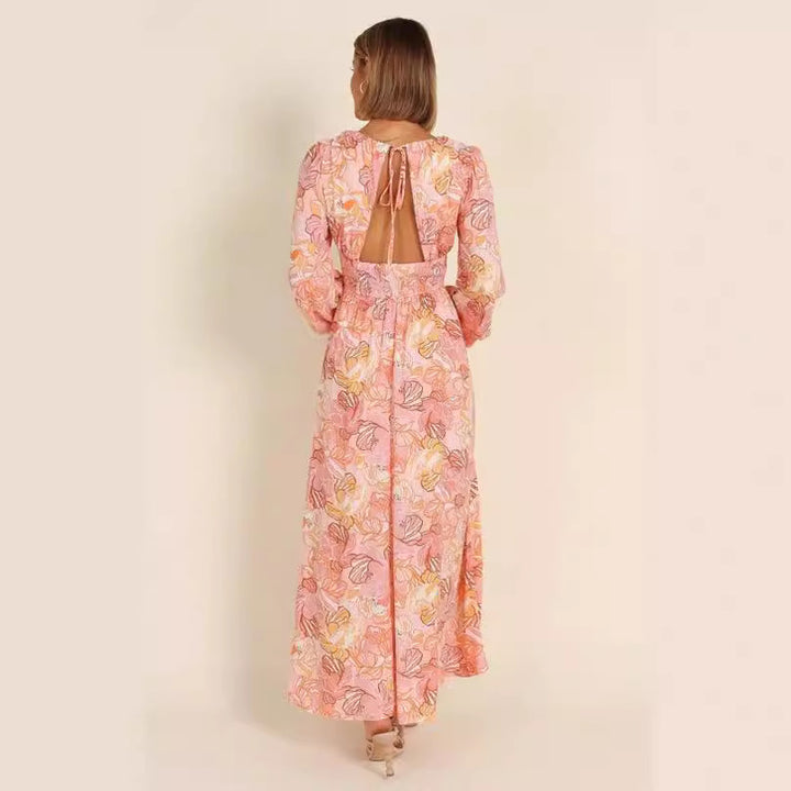 Floral print summer dress for women with deep V-neck and puff sleeves Lune London