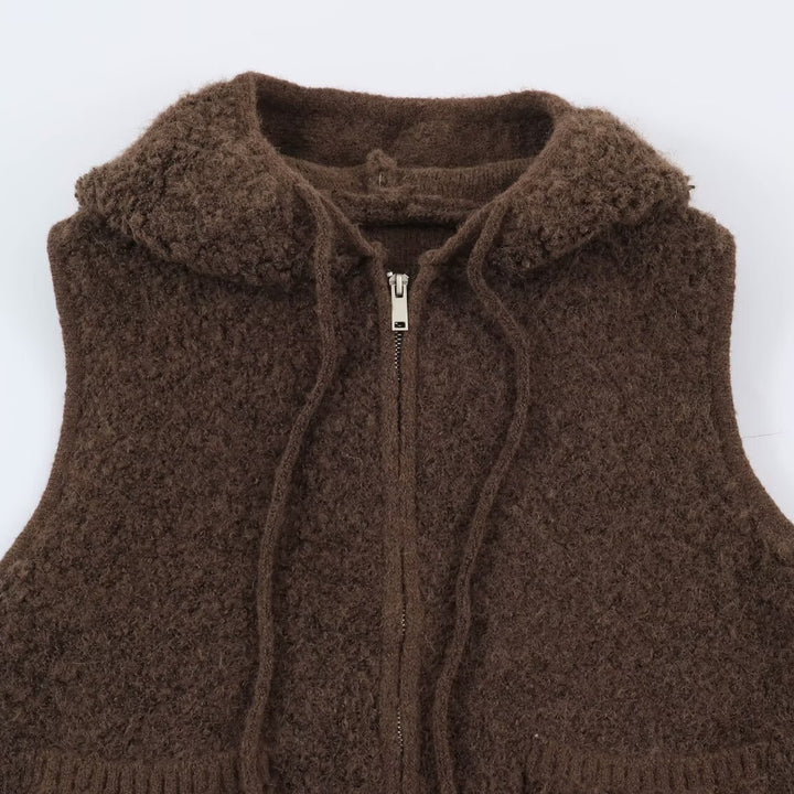 Women's Teddy Fleece Vest with Hood, Zipper and Patch Pockets Amarae