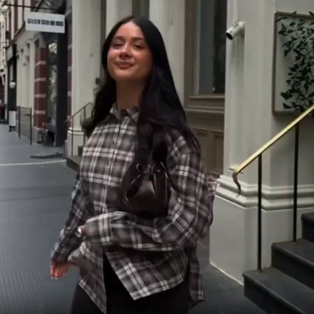 Women's Oversized Flannel Shirt with Check Pattern, Patch Chest Pocket and Rounded Hem Amarae