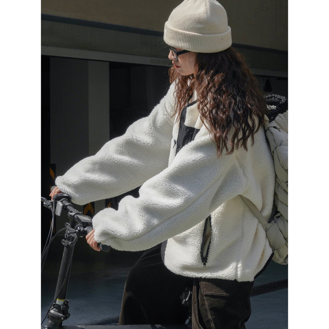 Women's Padded Teddy Fleece Jacket with Contrasting Front Panel and Patch Pockets Amarae