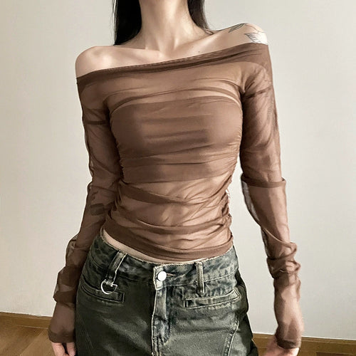 Ladies Elegant Long Sleeve Top with Transparent Mesh and Ruching Amarae