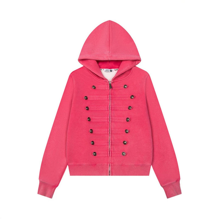 Women’s Hooded Sweat Jacket with Military Button Decoration and Full-Length Zipper Amarae