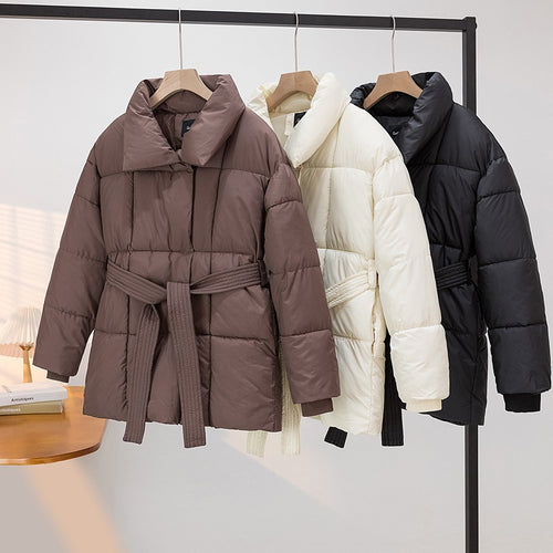 Ladies Quilted Jacket with Belt and Elegant Chic Collar Shape
