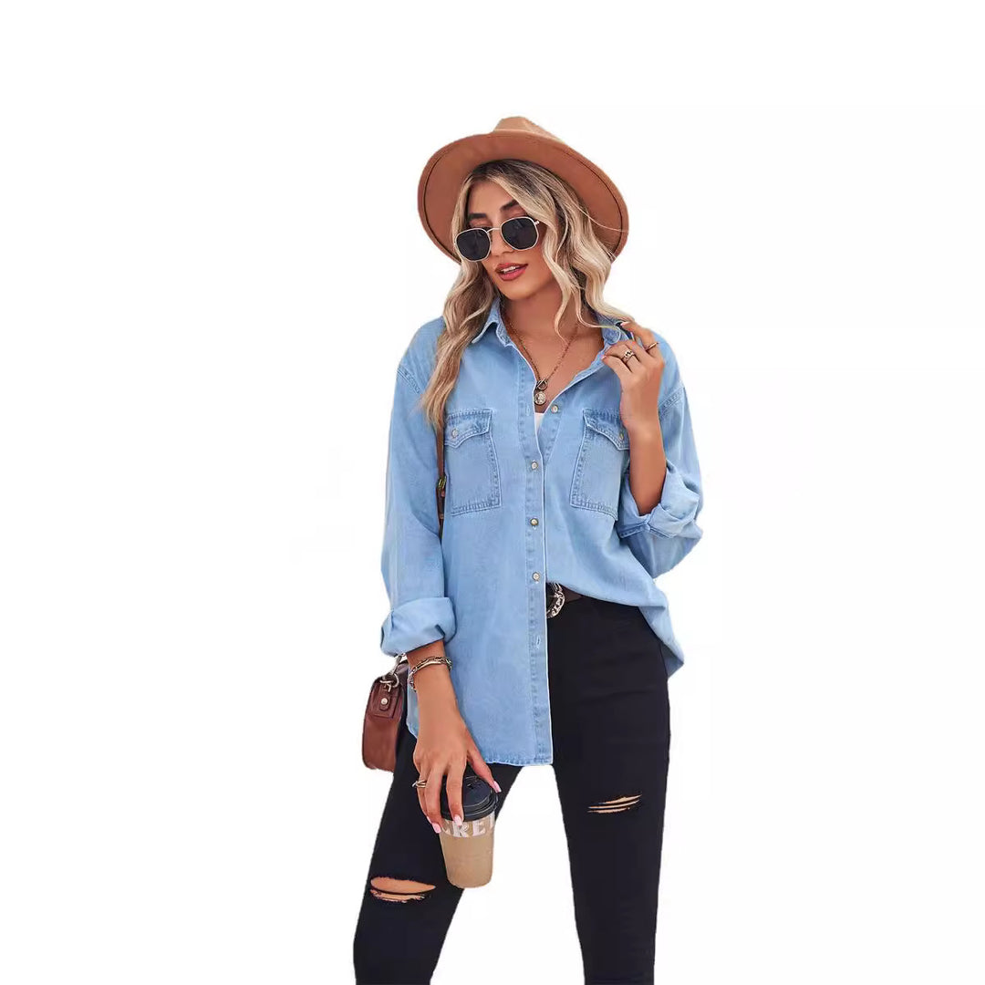 Casual women's denim jacket with patch pockets and Lune London button details