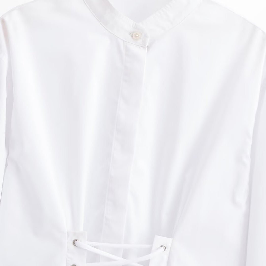 Women's short blouse with stand-up collar, cord corsage at the hem and voluminous sleeves Amarae
