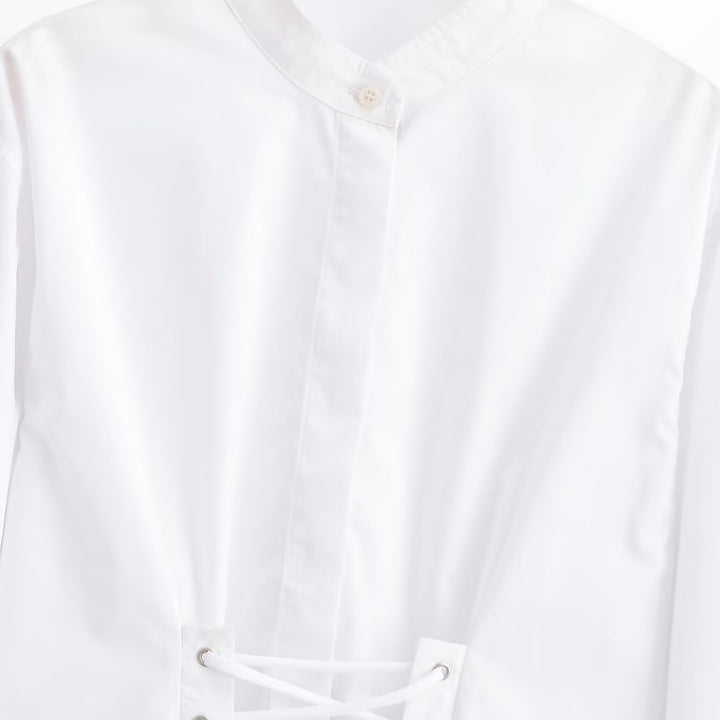 Women's short blouse with stand-up collar, cord corsage at the hem and voluminous sleeves Amarae