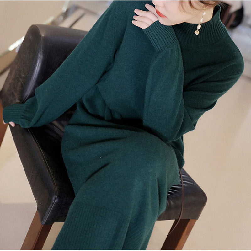 Ladies Elegant maxi knit dress with high collar and decorative buttons Lune London