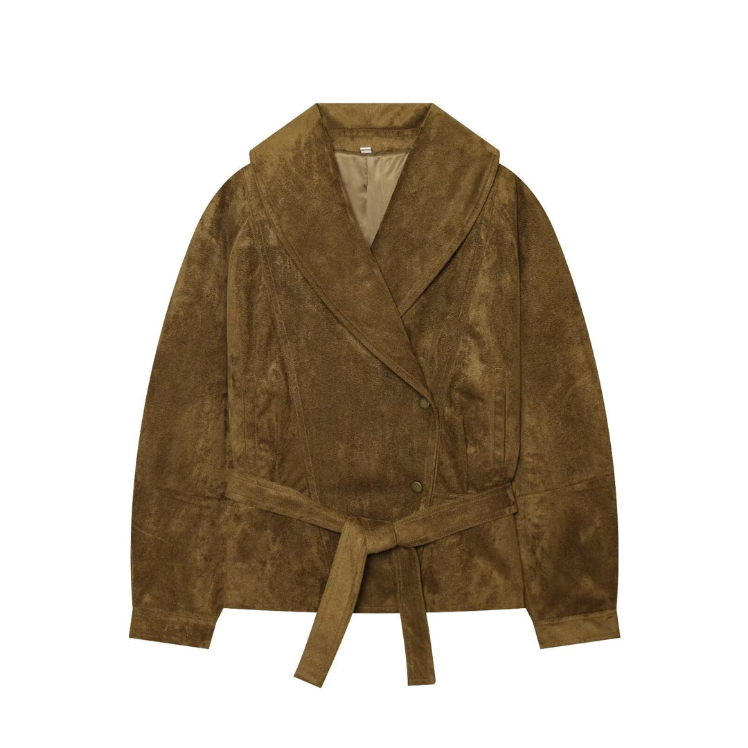 Women's Tailored Velvet Look Wrap Coat with Shawl Collar and Tied Belt Amarae