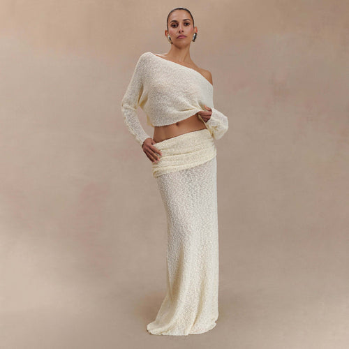 Elegant set for women composed of a cropped top and a maxi skirt with ruffle details Amarae