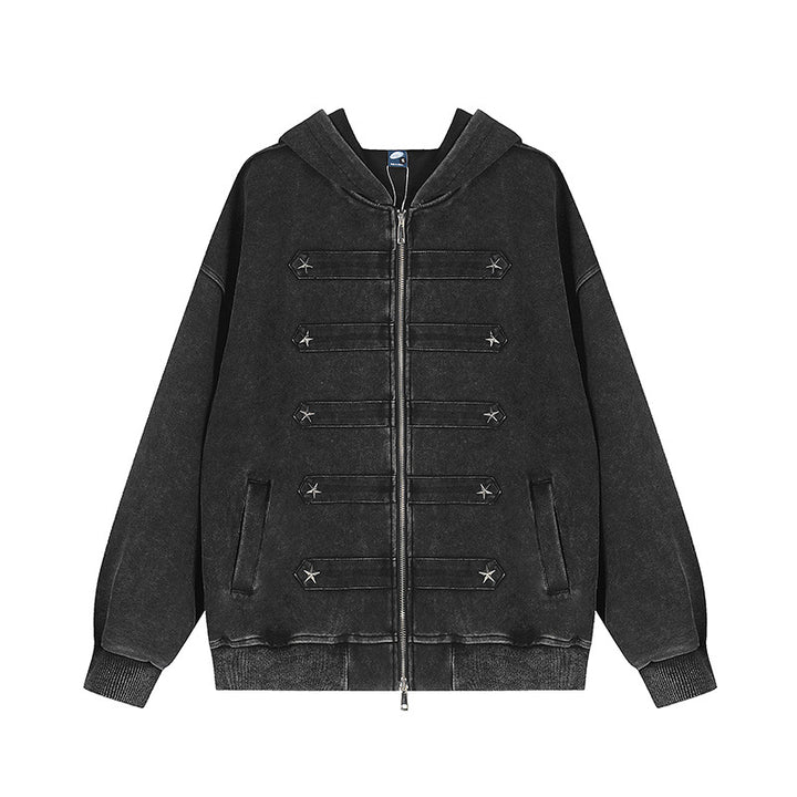 Women's hooded sweat jacket with leopard pattern, velour stripes and star studs Amarae