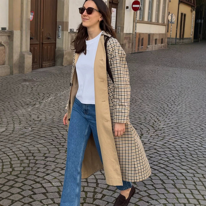 Women’s Maxi Long Checked Wool Blend Coat with Straight Silhouette Amarae